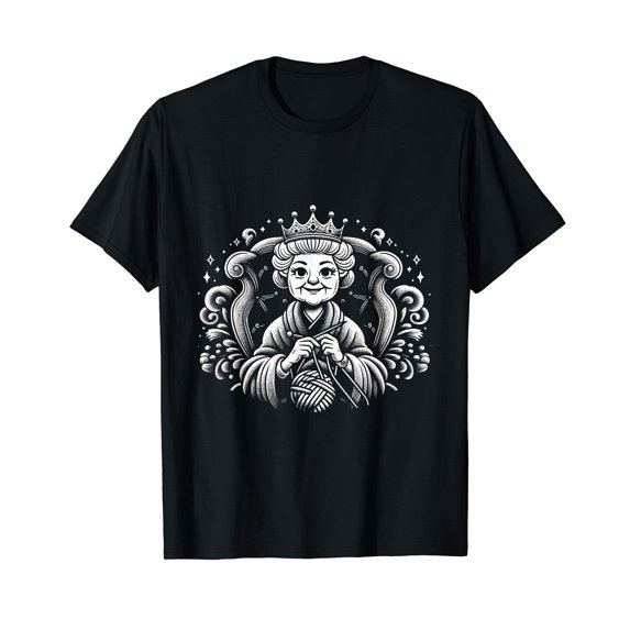 Whimsical Knitting Queen Illustration T-Shirt for Craft Enthusiasts