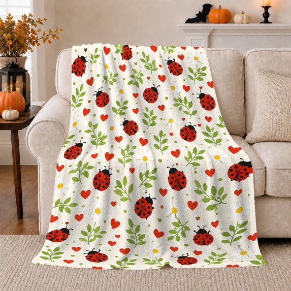 Whimsical Ladybug Red Heart Pattern, Playful Artistic Scene, Warm Flannel Blanket for Home Library and Reading Nook, Art Lovers Valentine's Day Gift, Playful Home Decor