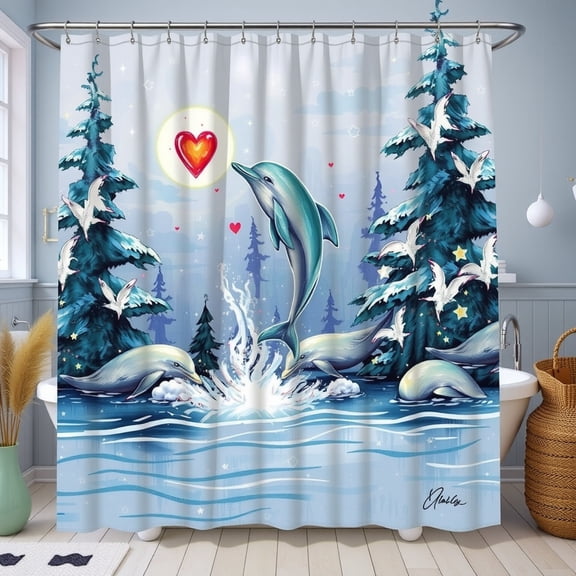 Whimsical Light Blue Shower Curtain with Teal Pine Trees, Dolphins & Heart