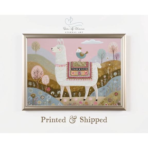 Whimsical Llama and Bird Nursery Wall Art Poster Print Poster – Pastel Room Decor, Physical Print Poster, Alpaca Nursery Wall Decor, Unframed Poster Size 24x36 F03.1.18l1440