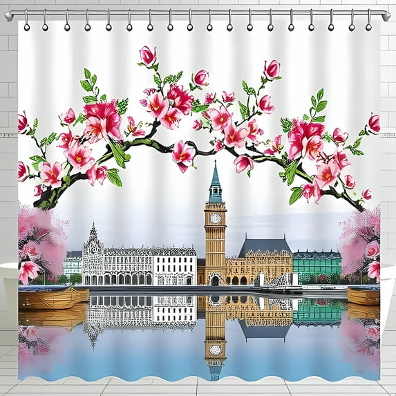 Whimsical London Shower Curtain Houses of Parliament with Cherry Blossom Design Watercolor Art Style Serene Bathroom Decor