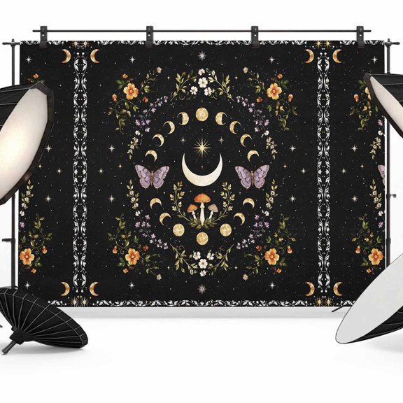 Whimsical Lunar Backdrops for Photography, Lunar Cycle Purple Butterfly Floral Plant Black Fabric Photo Background Sturdy Studio Props for Photo Studio, Video Recording, Booth & Photoshoot 7x5ft
