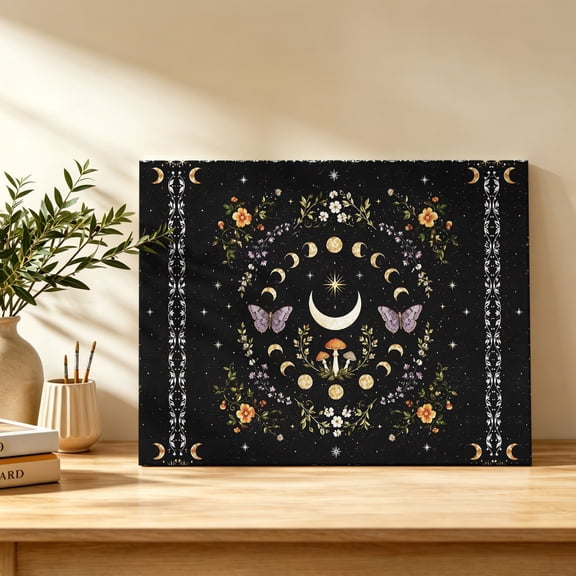 Whimsical Lunar Canvas Wall Art, Lunar Cycle Purple Butterfly Floral Plant Black Wall Art Prints Artwork Framed Canvas Ready to Hang Art Pictures for Bathroom Bedroom Entry Desk Corner 10" x 8"