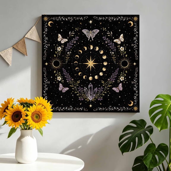 Whimsical Lunar Canvas Wall Art, Lunar Cycle Purple Butterfly Floral Quartzcrystals Black Framed Canvas Wall Decor Picture Print Artwork Decorations for Living Room Office Ready to Hang 8" x 8"