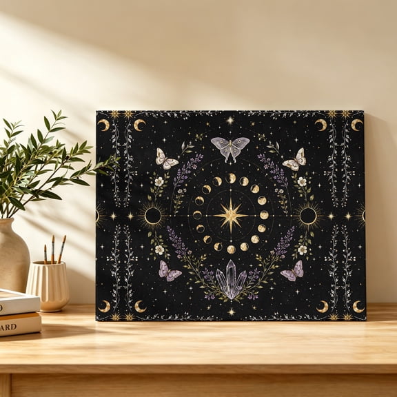 Whimsical Lunar Canvas Wall Art, Lunar Cycle Purple Butterfly Floral Quartzcrystals Black Wall Art Prints Artwork Framed Canvas Ready to Hang Art Pictures for Bedroom Entry Desk Corner 10"x8"