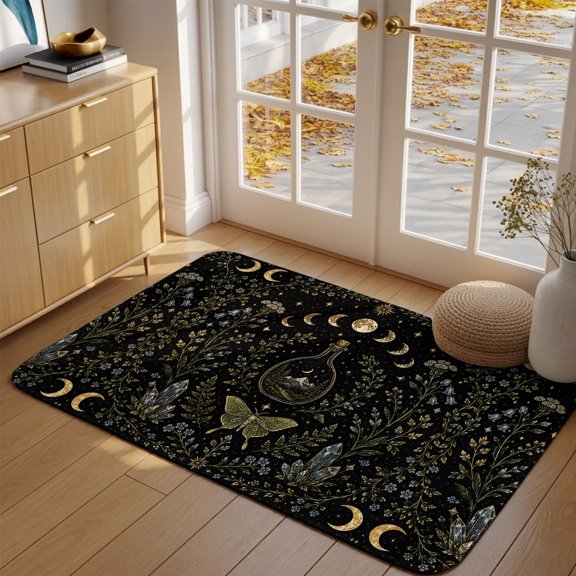 Whimsical Lunar Front Door Mat Indoor Entrance, Butterfly Floral Moonphases Quartzcrystals Black Absorbent Dirt Resist Welcome Mats Non-Slip Low-Profile Doormat Washable Entry Rug Indoor 17x30 Inch