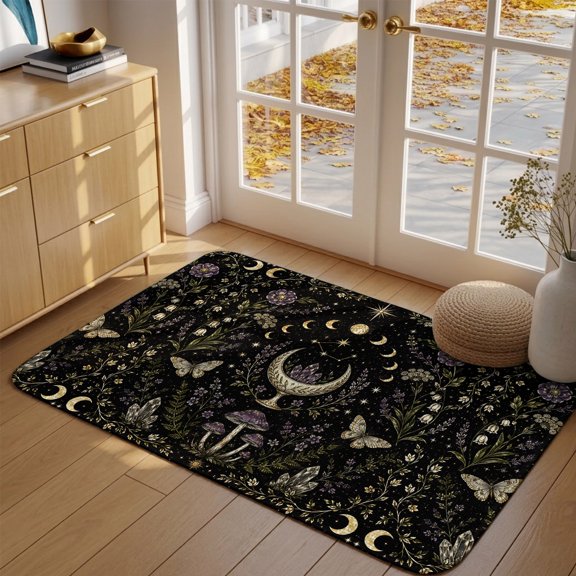 Whimsical Lunar Front Door Mat Indoor Entrance, Butterfly Moonphases Purple Flower Quartzcrystals Black Absorbent Dirt Resist Welcome Mats Low-Profile Doormat Washable Entry Rug Indoor 17x30 Inch