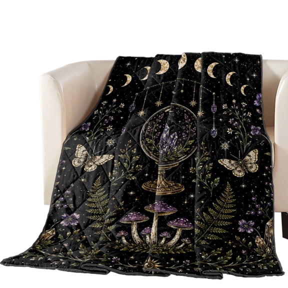 Whimsical Lunar Quilted Comforters Cooling Blanket King Size, Butterfly Purple Floral Moonphases Quartzcrystals Black Cold Comfort for Hot Sleepers Lightweight Air Conditioning Quilt Blanket for Bed