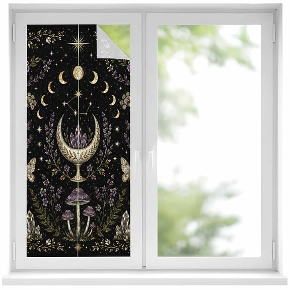 Whimsical Lunar Window Privacy Film, Butterfly Moonphases Purple Flower Quartzcrystals Black Frosted Glass Window Clings Static Cling UV Heat Blocking Reusable Sticker for Bathroom 17.7x39.3 Inch