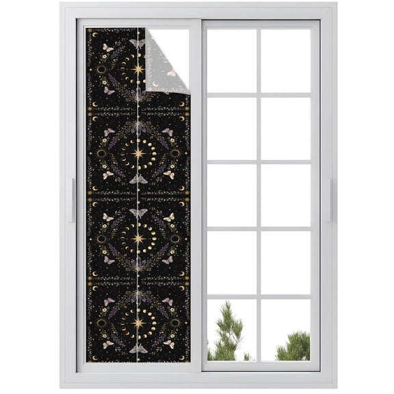 Whimsical Lunar Window Privacy Film, Lunar Cycle Purple Butterfly Floral Quartzcrystals Black Frosted Glass Window Clings Static Cling UV Heat Blocking Reusable Sticker for Bathroom 23.6x78.7 Inch