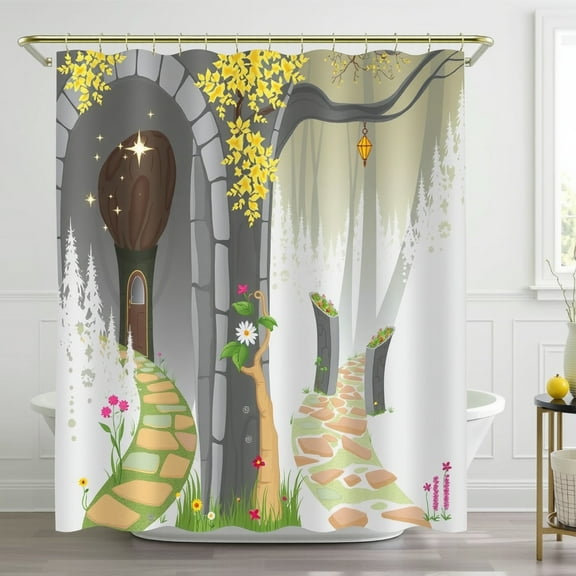Whimsical Magical Forest Shower Curtain with Enchanting Tree Doorway