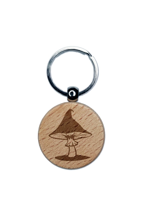Whimsical Magical Wizard Cap Mushroom Fungi Round Keychain Charm Tag - Engraved Wood