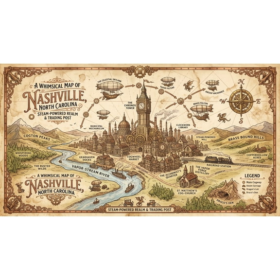 Whimsical Map of Nashville North Carolina Poster - Steampunk Fantasy Wall Art | Ideal Gift 【Poster Paper】