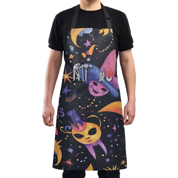 Whimsical Masks and Stars Chef Kitchen Apron with Pockets for Women Waterproof Aprons for Cooking Baking