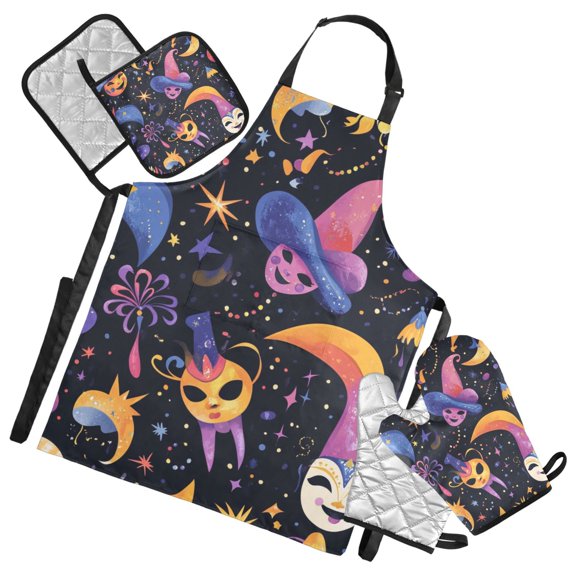 Whimsical Masks and Stars Oven Mitts and Pot Holders with Chef Apron Set 5 Pcs Kitchen Cooking Set