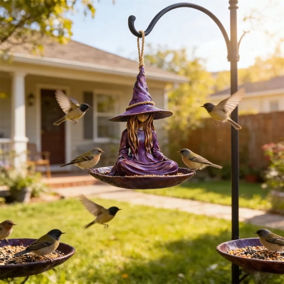 Whimsical Meditating Witch Garden Bird Feeder - Weather-Resistant Resin, Safe Feeding Area, Easy Refill - Perfect for Patios, Gardens, and Balconies multicolour
