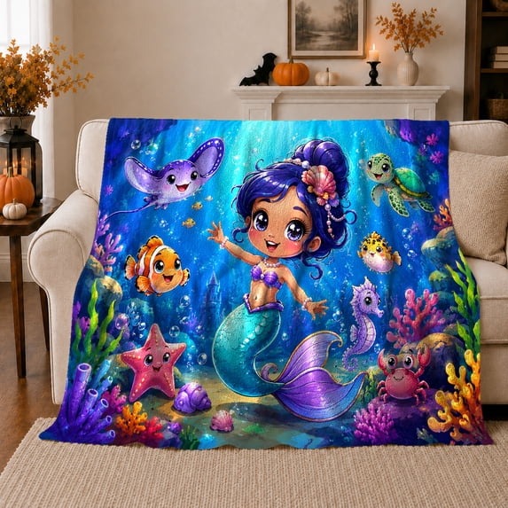 Whimsical Mermaid Sea Creatures Cartoon Art, Cozy Friendship Quote Scene, Warm Flannel Blanket for Living Room and Reading Nook, Art Lovers Friendship Gift, Fantasy Home Decor