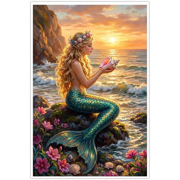 Whimsical Mermaid Wall Art Ocean Sunset Poster Fantasy Siren Coastal Decor
