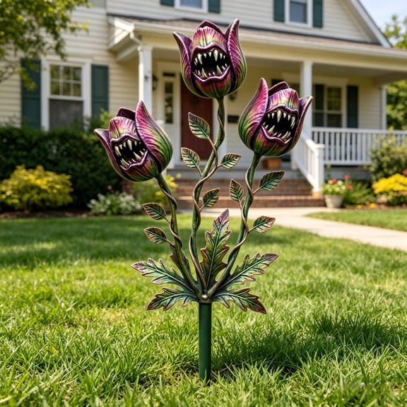 Whimsical Metal Carnivorous Plant Garden Stake,Large Flytrap Monster Plant Sculpture,Rustproof Ground Insert Decorations for Lawn Patio Courtyard Potted Plants Outdoor Decor 11.8 Inch