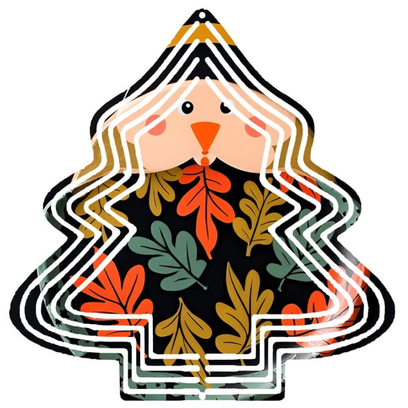 Whimsical Metal Hanging Christmas Tree Wind Spinner - Colorful Bird Face Design with Autumn Leaves on Black Background