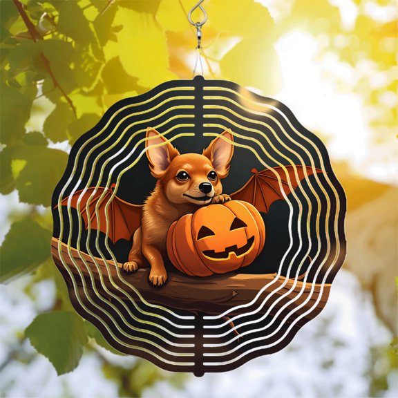 Whimsical Metal Hanging Wind Spinner - Adorable Dog with Bat Wings & Smiling Pumpkin Design for Festive Yard & Garden Decor