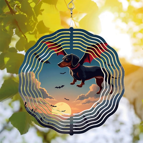 Whimsical Metal Hanging Wind Spinner - Dog with Bat Wings Design Circular Frame Perfect for Yard & Garden Decor Unique Layered Look