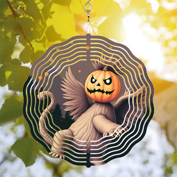 Whimsical Metal Hanging Wind Spinner - Pumpkin Bird Design with Playful Expression for Yard & Garden Decor - Autumn Vibes