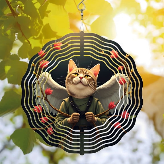 Whimsical Metal Hanging Wind Spinner with Angelic Cat Design Circular Ripple Pattern & Red Flower Accents for Yard & Garden Decor