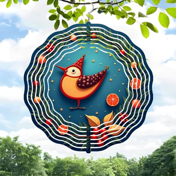 Whimsical Metal Hanging Wind Spinner with Circular White Pattern Playful Bird Design Vibrant Fruits & Leaves for Garden Decor