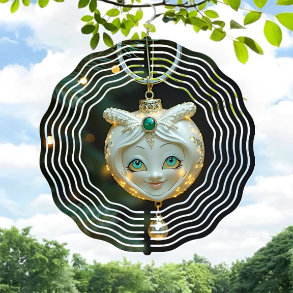 Whimsical Metal Hanging Wind Spinner with Expressive Face Design Green Gemstone & Golden Accents - Perfect for Yard & Garden Decor