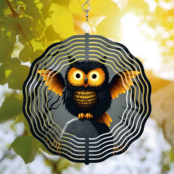 Whimsical Metal Hanging Wind Spinner with Owl Design - Black & Orange Feathers Radiating Lines Perfect for Yard & Garden Decor
