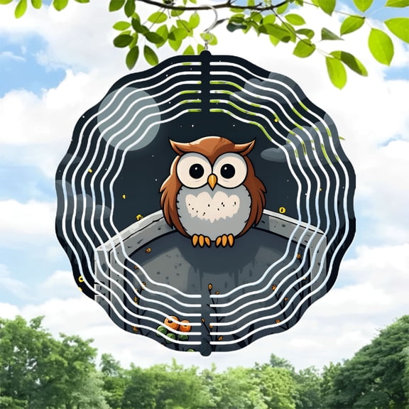 Whimsical Metal Hanging Wind Spinner with Owl Design - Unique Wind Chimes for Yard and Garden Decor Nighttime Vibes