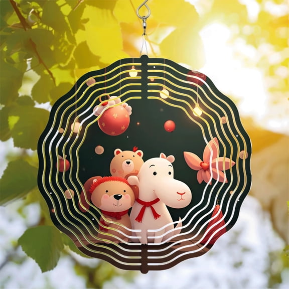 Whimsical Metal Hanging Wind Spinners & Chimes - Adorable Animal Designs with Lion Bear & Hippo - Perfect for Yard & Garden Decor
