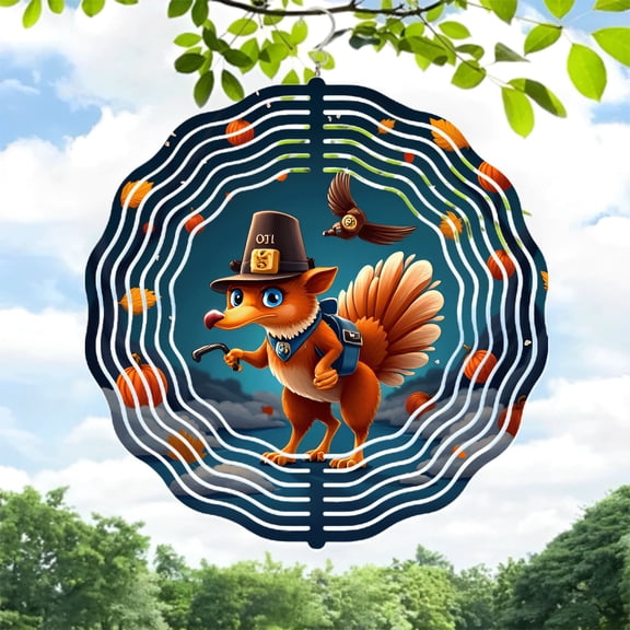 Whimsical Metal Hanging Wind Spinners & Chimes - Cartoon Fox Officer Design Vibrant Colors Perfect for Yard & Garden Decor