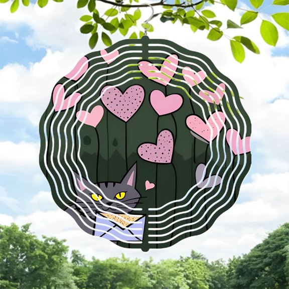 Whimsical Metal Hanging Wind Spinners & Chimes - Cat & Heart Design for Yard & Garden Decor Striking Colors & Patterns