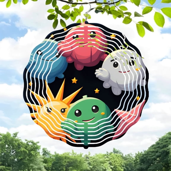 Whimsical Metal Hanging Wind Spinners & Chimes - Cheerful Cartoon Characters with Stars & Wavy Lines for Yard & Garden Decor