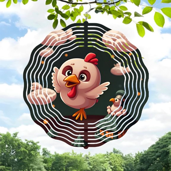 Whimsical Metal Hanging Wind Spinners & Chimes - Cheerful Chicken Design with Concentric Circles for Yard & Garden Decor