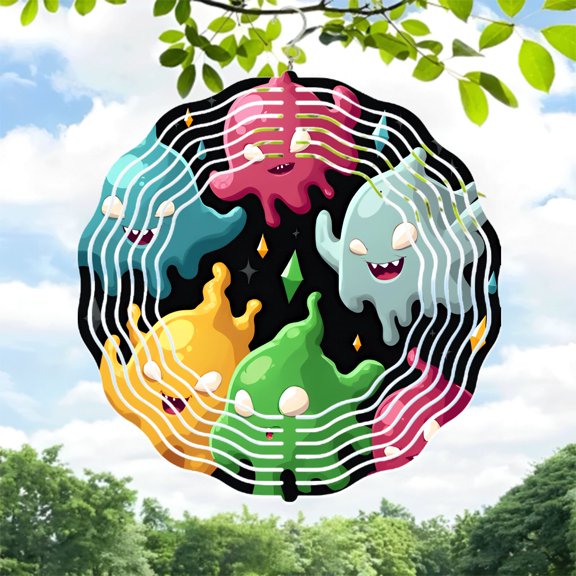 Whimsical Metal Hanging Wind Spinners & Chimes - Colorful Jellyfish Design with Smiling Faces & Elegant Green Gem for Yard & Garden