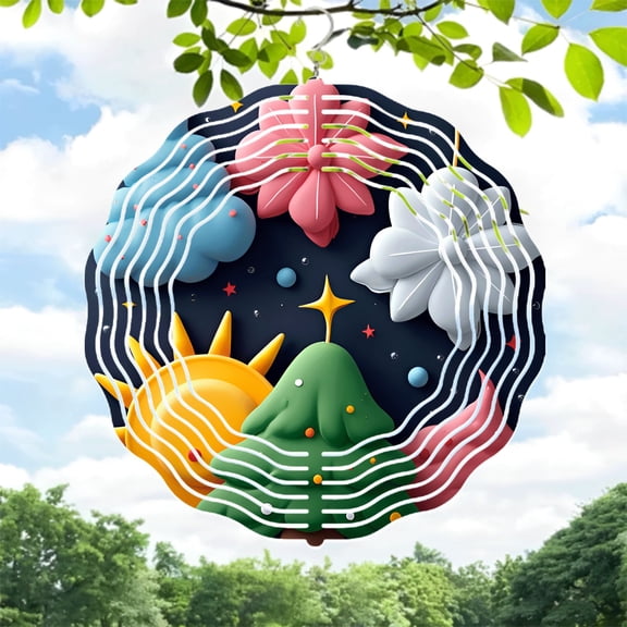 Whimsical Metal Hanging Wind Spinners & Chimes - Colorful Mountain Star Clouds & Sun Design for Enchanting Yard & Garden Decor
