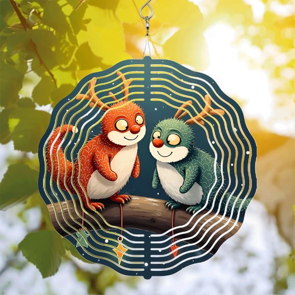 Whimsical Metal Hanging Wind Spinners & Chimes - Colorful Squirrel Antler Design for Yard & Garden Decor Playful Depth Effect