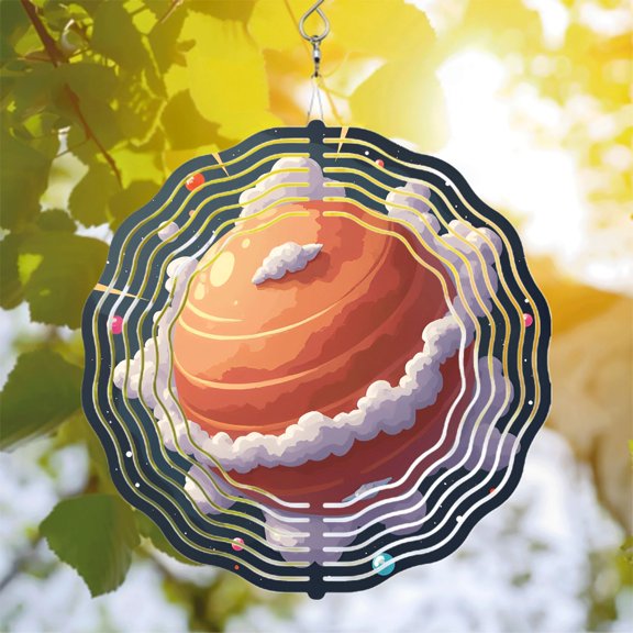 Whimsical Metal Hanging Wind Spinners & Chimes - Cosmic Planet Design with Concentric Circles for Yard & Garden Decor