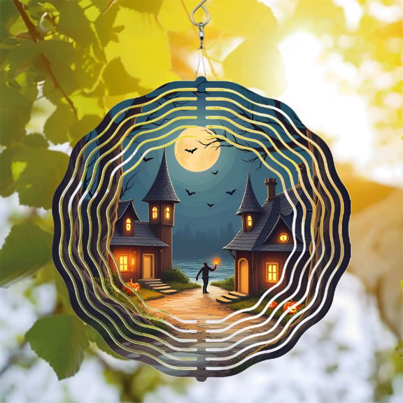 Whimsical Metal Hanging Wind Spinners & Chimes - Enchanting Nighttime Garden Decor with Full Moon & Bat Patterns
