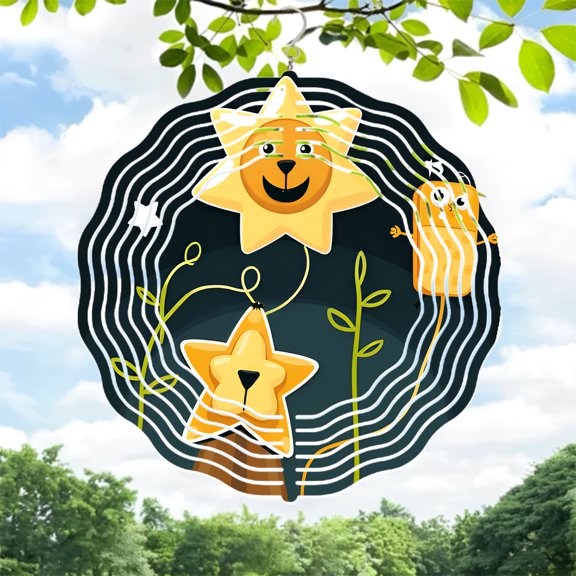 Whimsical Metal Hanging Wind Spinners & Chimes - Smiling Star Design with Concentric Patterns for Yard & Garden Decor