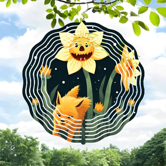 Whimsical Metal Hanging Wind Spinners & Chimes - Sunflower Design with Playful Fox Circular Pattern for Yard & Garden Decor
