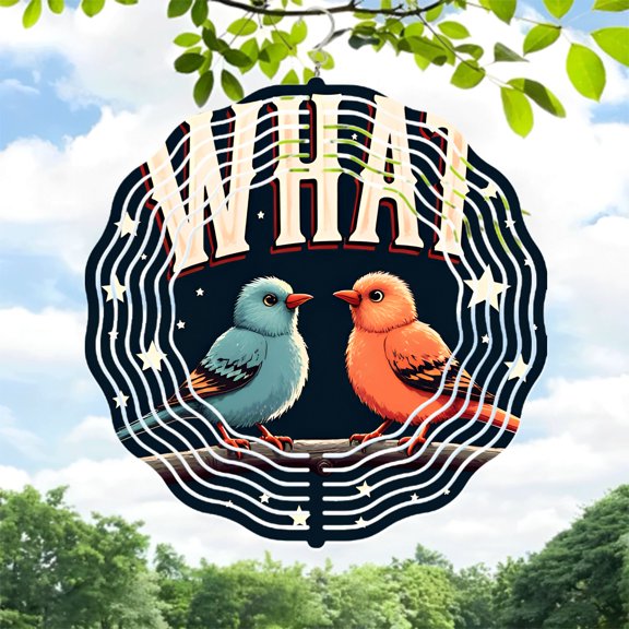 Whimsical Metal Hanging Wind Spinners & Chimes - Vibrant Blue & Orange Birds Night Sky Design with Concentric Circles for Garden Decor