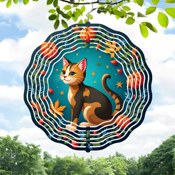 Whimsical Metal Hanging Wind Spinners & Chimes - Vibrant Cat Design with Floral & Star Patterns for Yard & Garden Decor