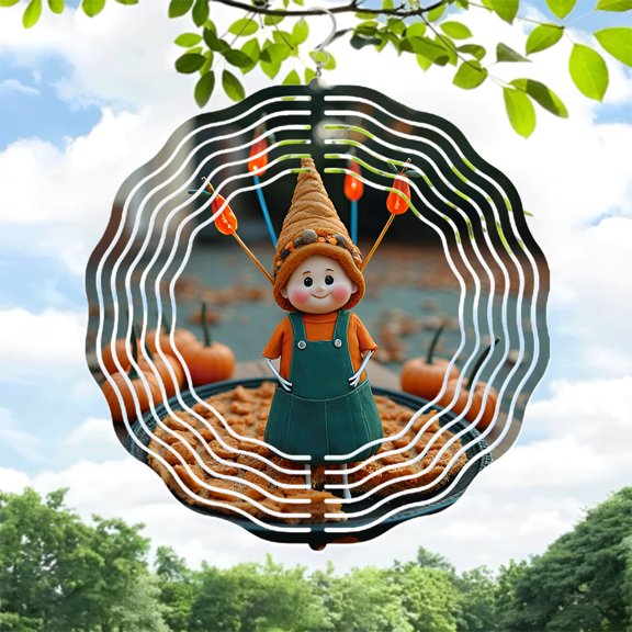 Whimsical Metal Hanging Wind Spinners & Chimes for Garden - Playful Circular Pattern Design with Pumpkin Accents Perfect for Fall Decor