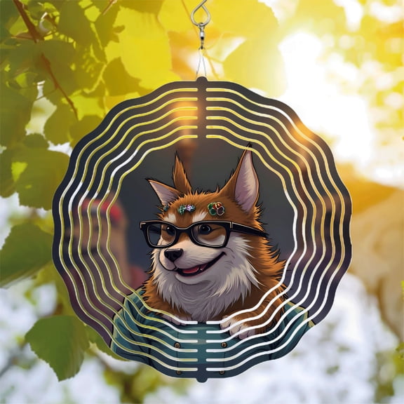 Whimsical Metal Hanging Wind Spinners & Chimes for Yard - Colorful Circular Patterns Cheerful Dog Design Perfect Garden Decor