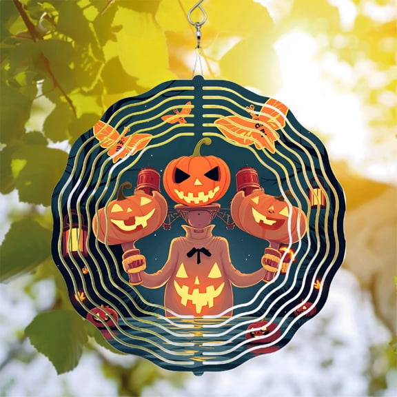Whimsical Metal Hanging Wind Spinners & Chimes for Yard & Garden - Festive Circular Pattern with Bats & Pumpkins Design