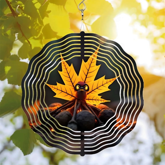 Whimsical Metal Hanging Wind Spinners & Chimes for Yard - Vibrant Autumn Leaf Design with Playful Fox - like Creature